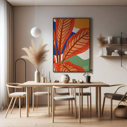 This vibrant digital illustration features stylized leaves in warm terracotta tones, set against a … for dining room