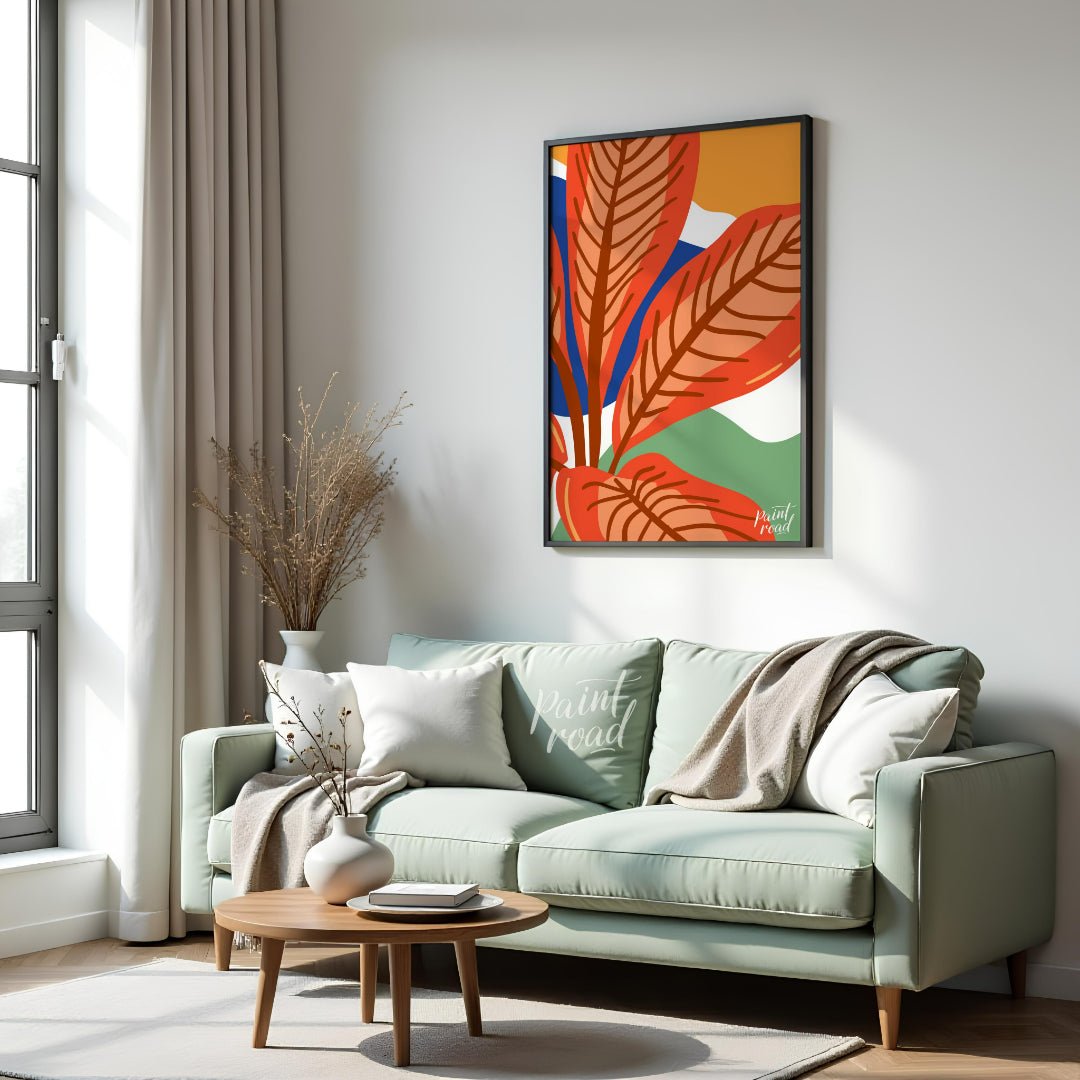 This vibrant digital illustration features stylized leaves in warm terracotta tones, set against a … for living room