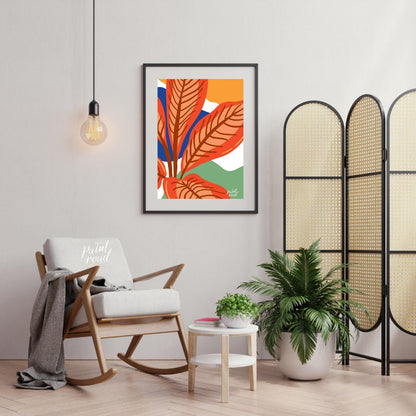 This vibrant digital illustration features stylized leaves in warm terracotta tones, set against a … for living room
