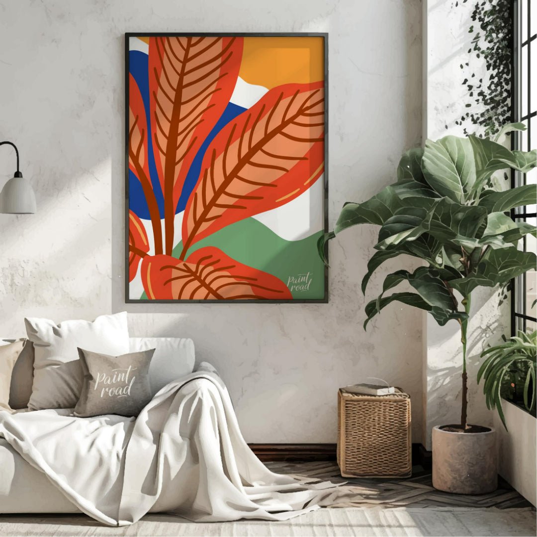 This vibrant digital illustration features stylized leaves in warm terracotta tones, set against a … for living room
