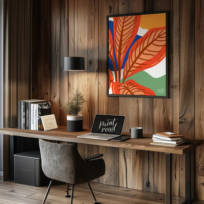 This vibrant digital illustration features stylized leaves in warm terracotta tones, set against a … for office