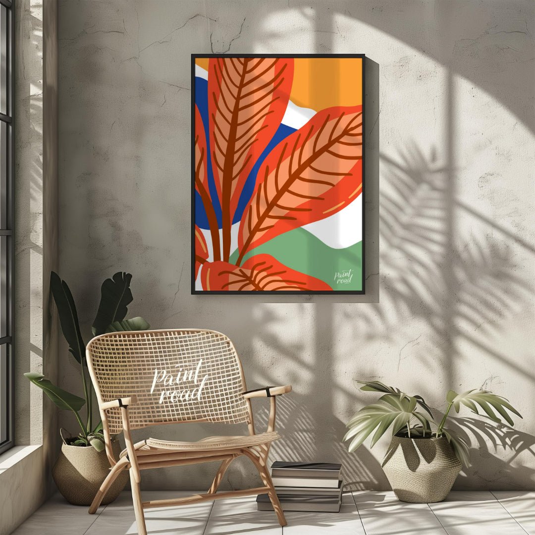 This vibrant digital illustration features stylized leaves in warm terracotta tones, set against a … for other