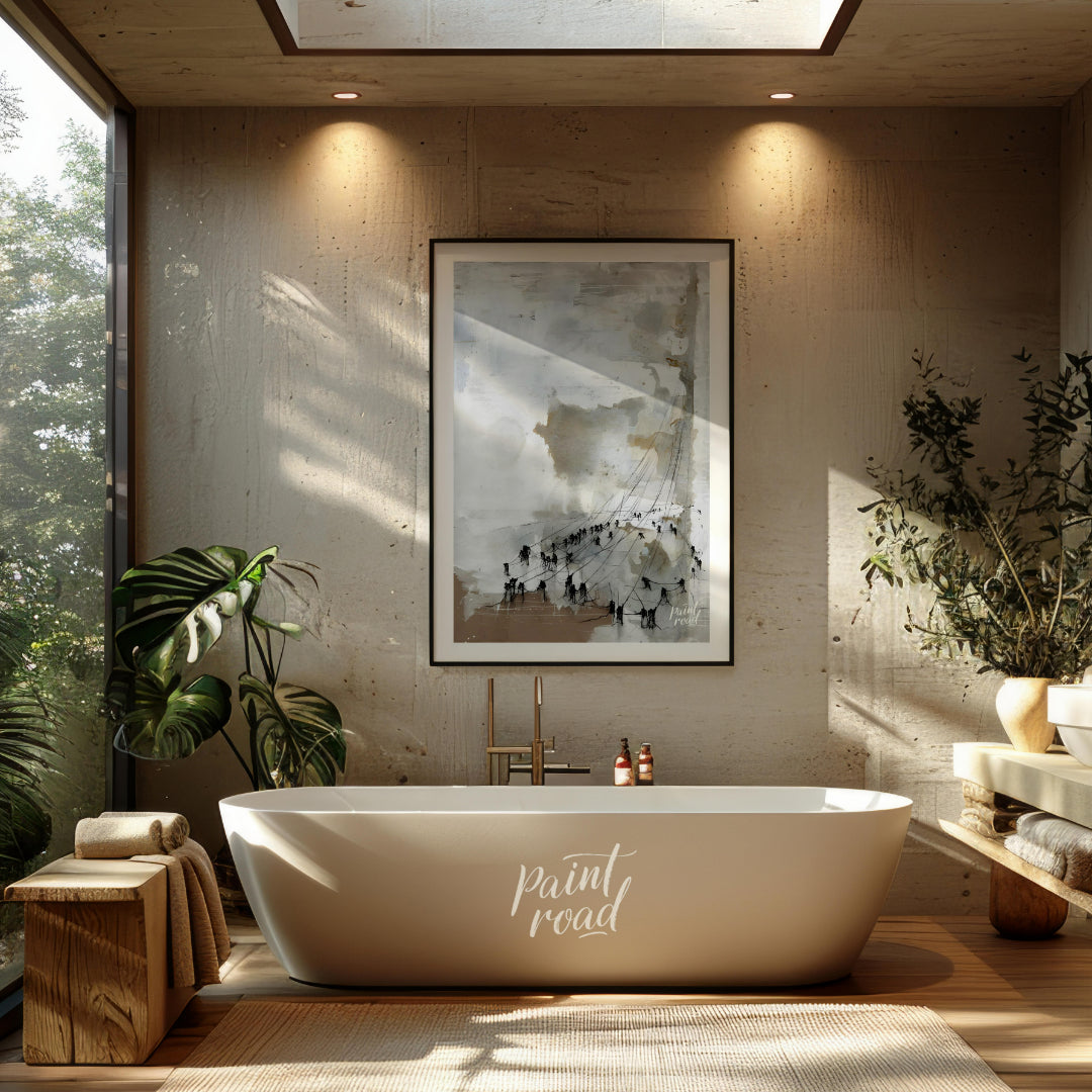 This abstract painting features a textured, ethereal landscape with a series of dark figures connec… for bathroom