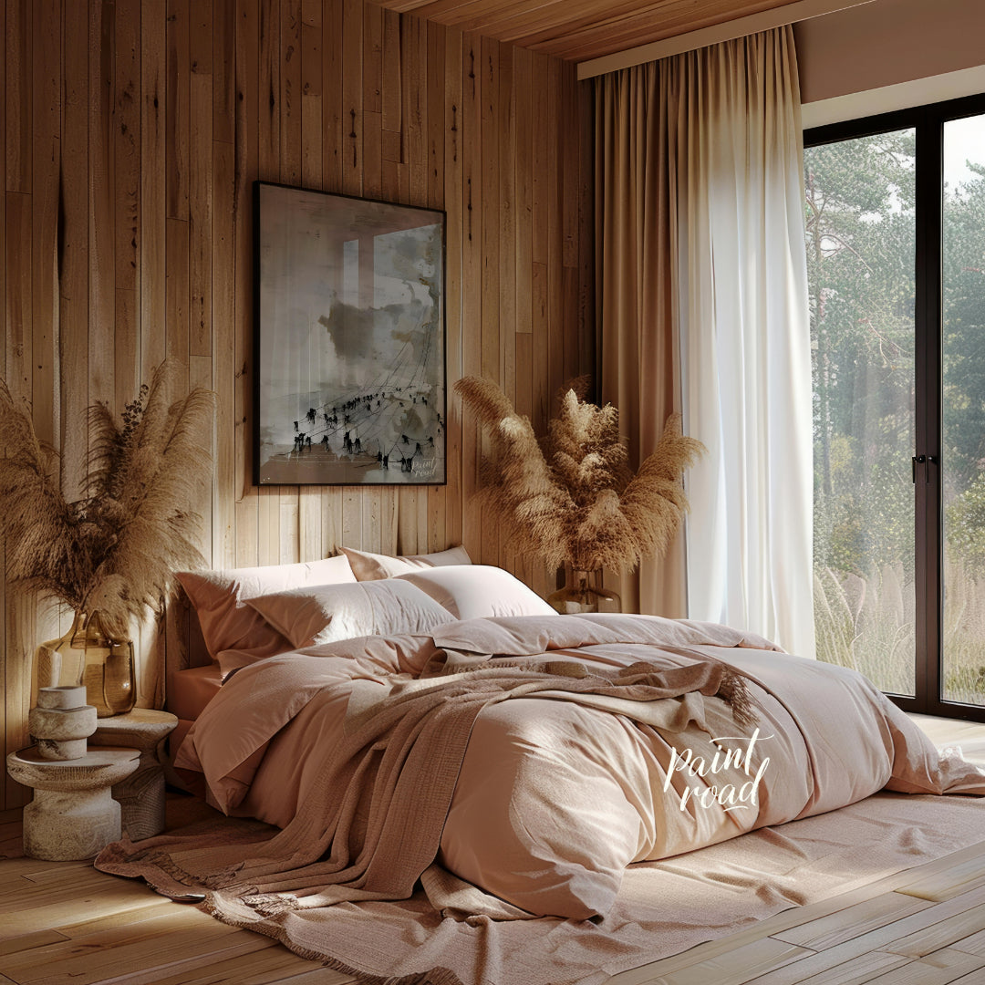 This abstract painting features a textured, ethereal landscape with a series of dark figures connec… for bedroom