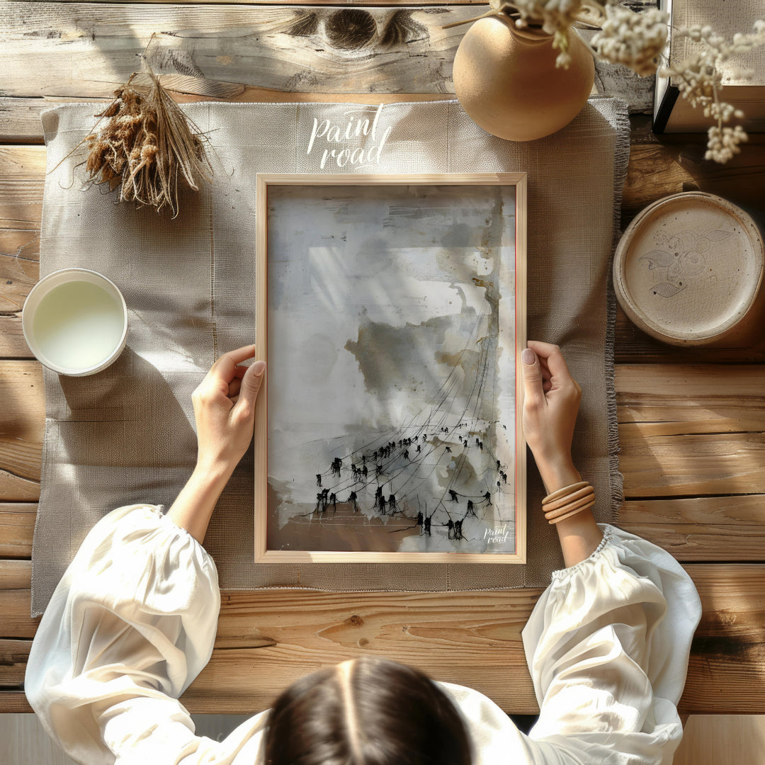 This abstract painting features a textured, ethereal landscape with a series of dark figures connec… for dining room