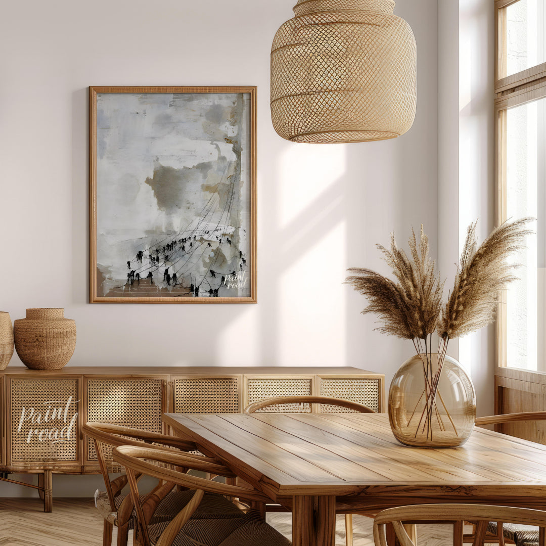 This abstract painting features a textured, ethereal landscape with a series of dark figures connec… for dining room