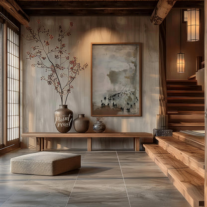 This abstract painting features a textured, ethereal landscape with a series of dark figures connec… for entryway
