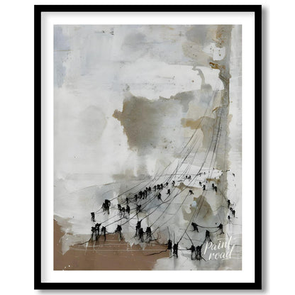This abstract painting features a textured, ethereal landscape with a series of dark figures connec… for home