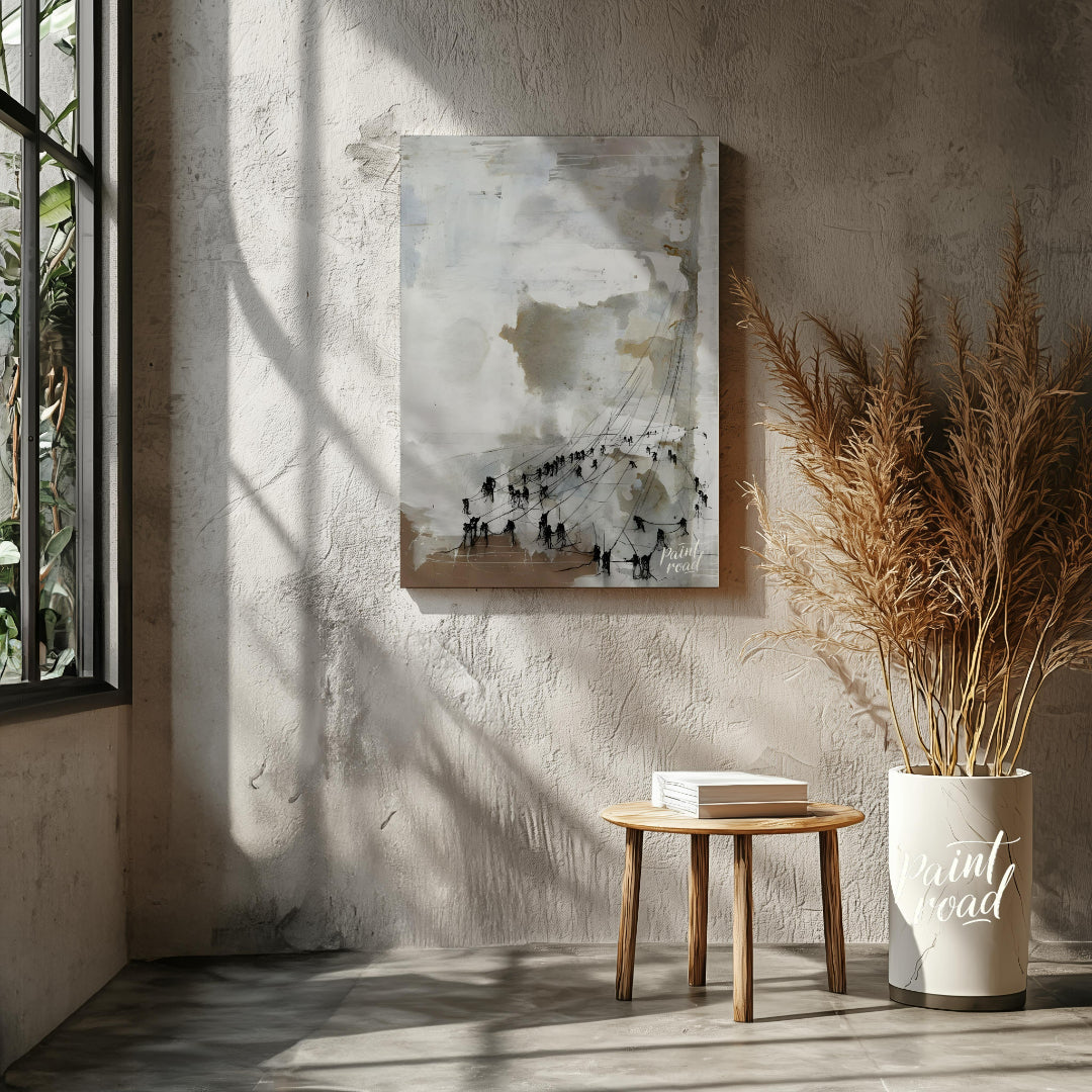 This abstract painting features a textured, ethereal landscape with a series of dark figures connec… for living room