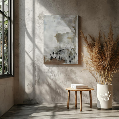 This abstract painting features a textured, ethereal landscape with a series of dark figures connec… for living room
