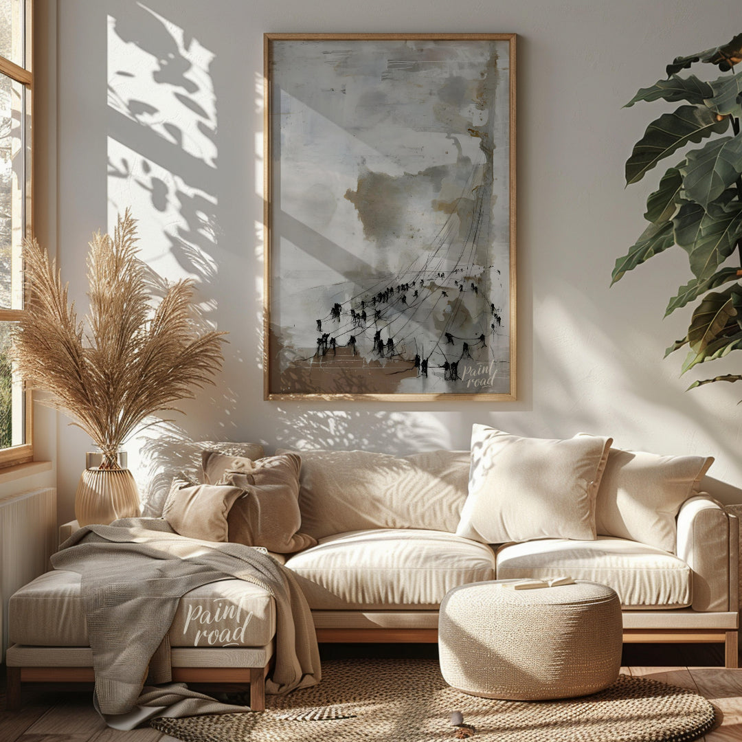 This abstract painting features a textured, ethereal landscape with a series of dark figures connec… for living room