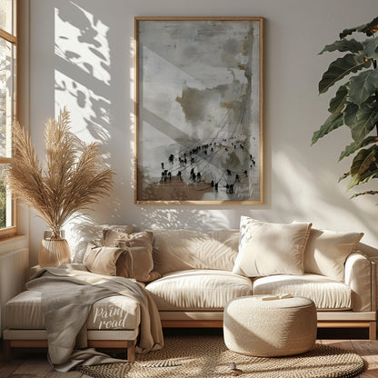 This abstract painting features a textured, ethereal landscape with a series of dark figures connec… for living room