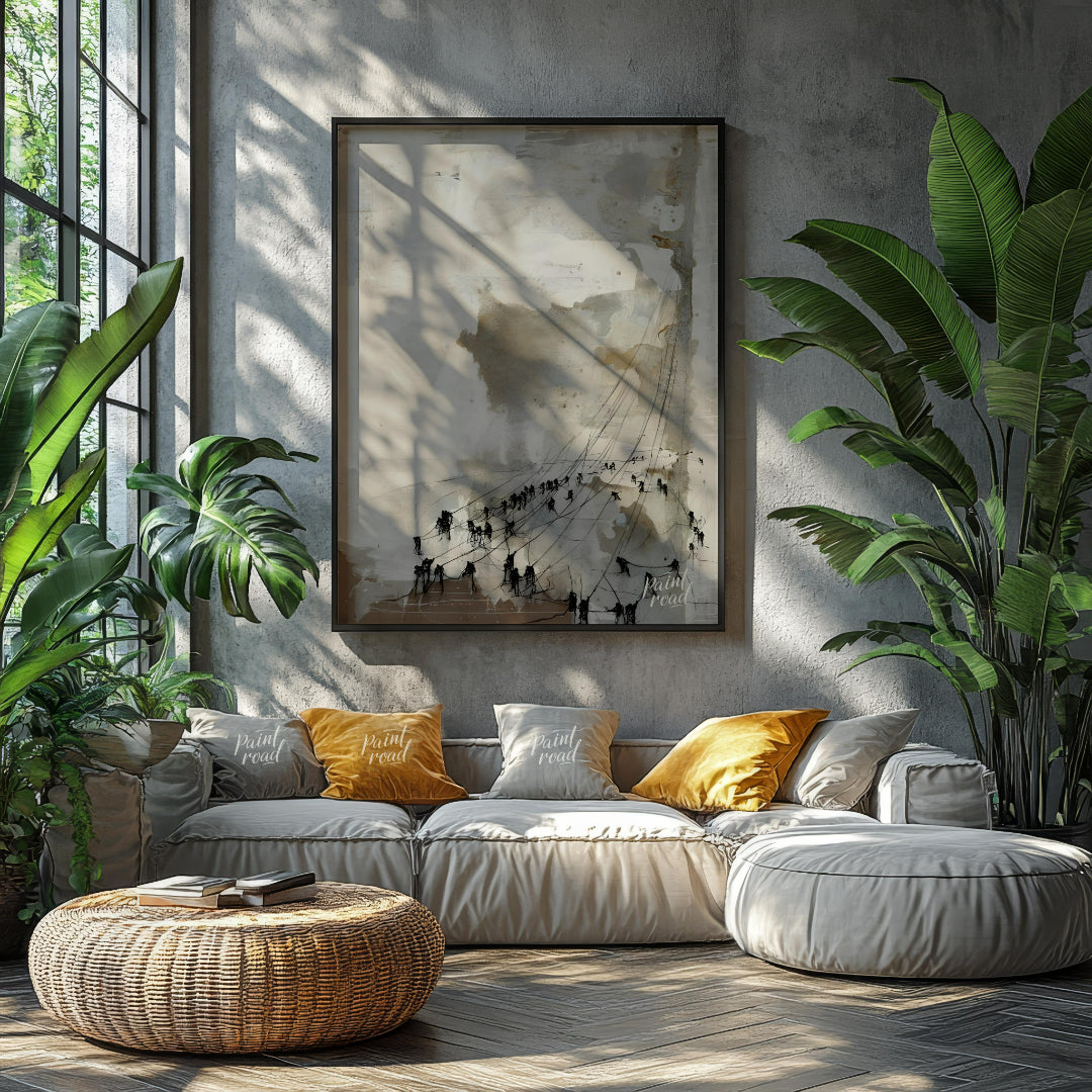 This abstract painting features a textured, ethereal landscape with a series of dark figures connec… for living room