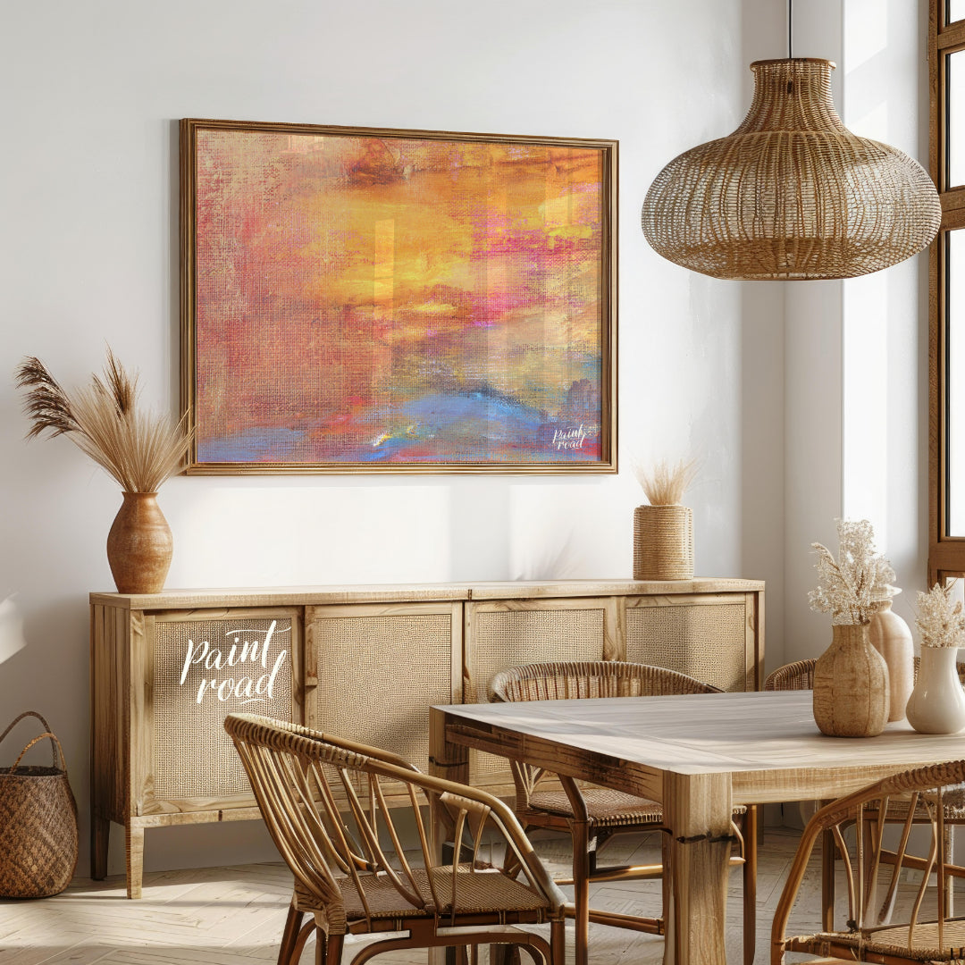 This close-up abstract painting captures the warm, ethereal glow of a sunset with a rich, textured … for dining room