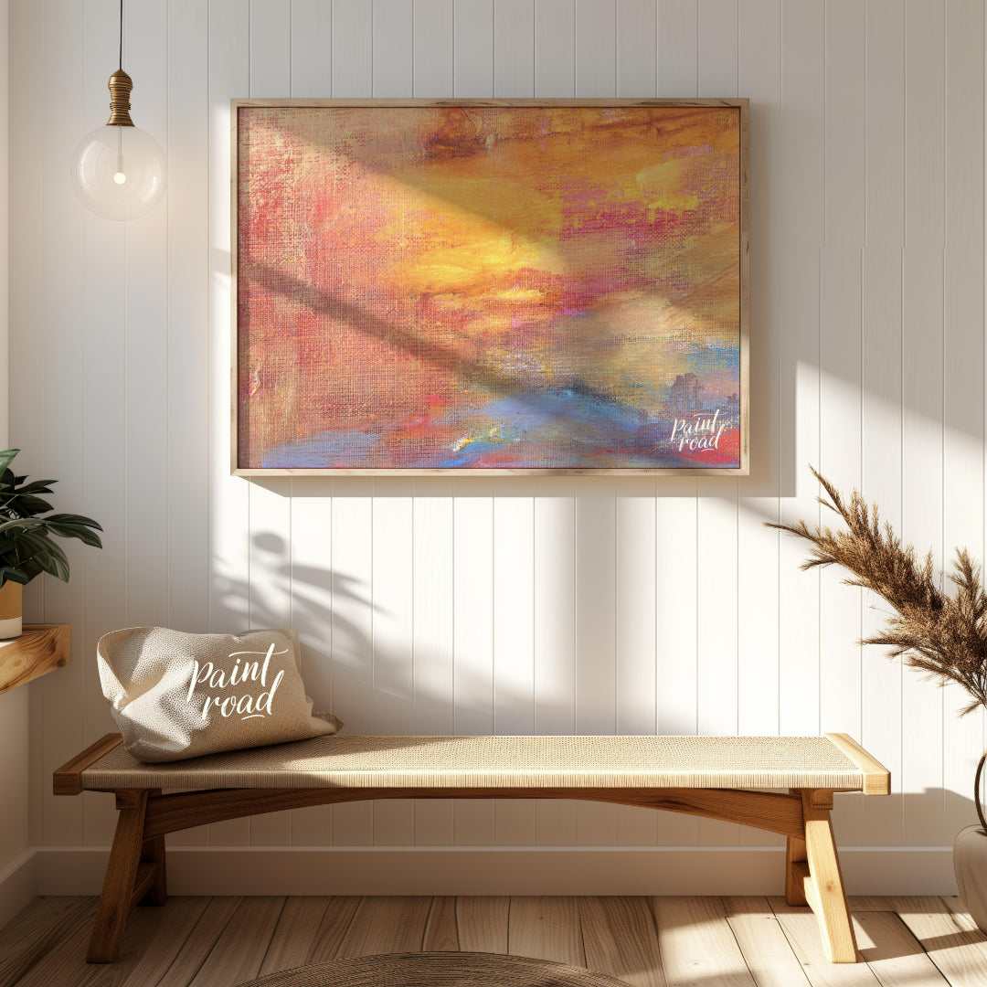 This close-up abstract painting captures the warm, ethereal glow of a sunset with a rich, textured … for entryway