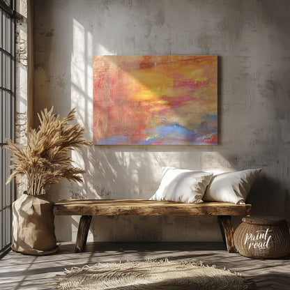 This close-up abstract painting captures the warm, ethereal glow of a sunset with a rich, textured … for entryway