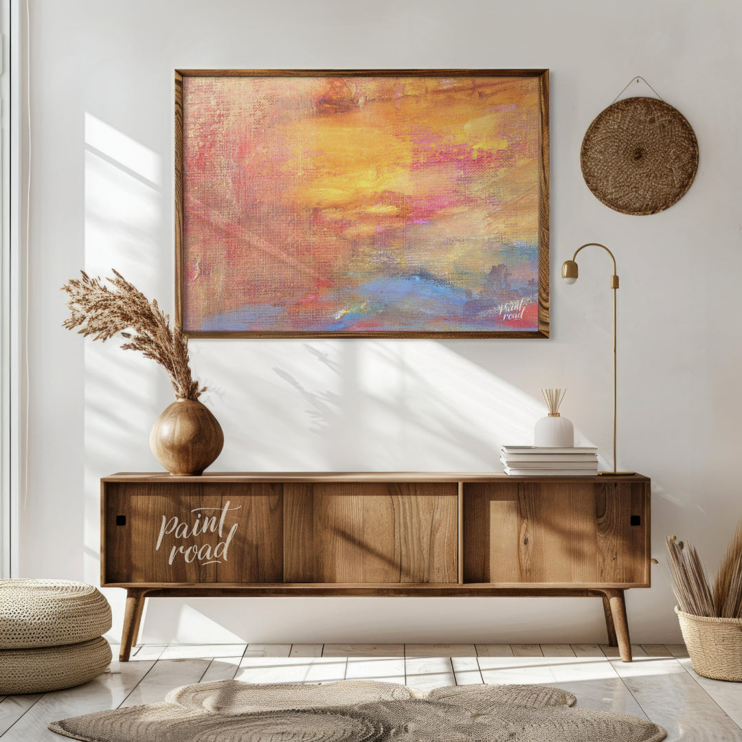 This close-up abstract painting captures the warm, ethereal glow of a sunset with a rich, textured … for living room