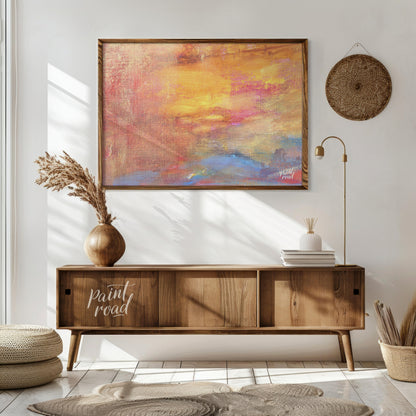 This close-up abstract painting captures the warm, ethereal glow of a sunset with a rich, textured … for living room