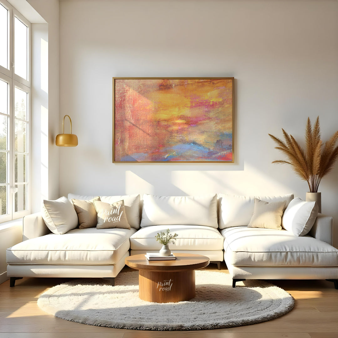 This close-up abstract painting captures the warm, ethereal glow of a sunset with a rich, textured … for living room