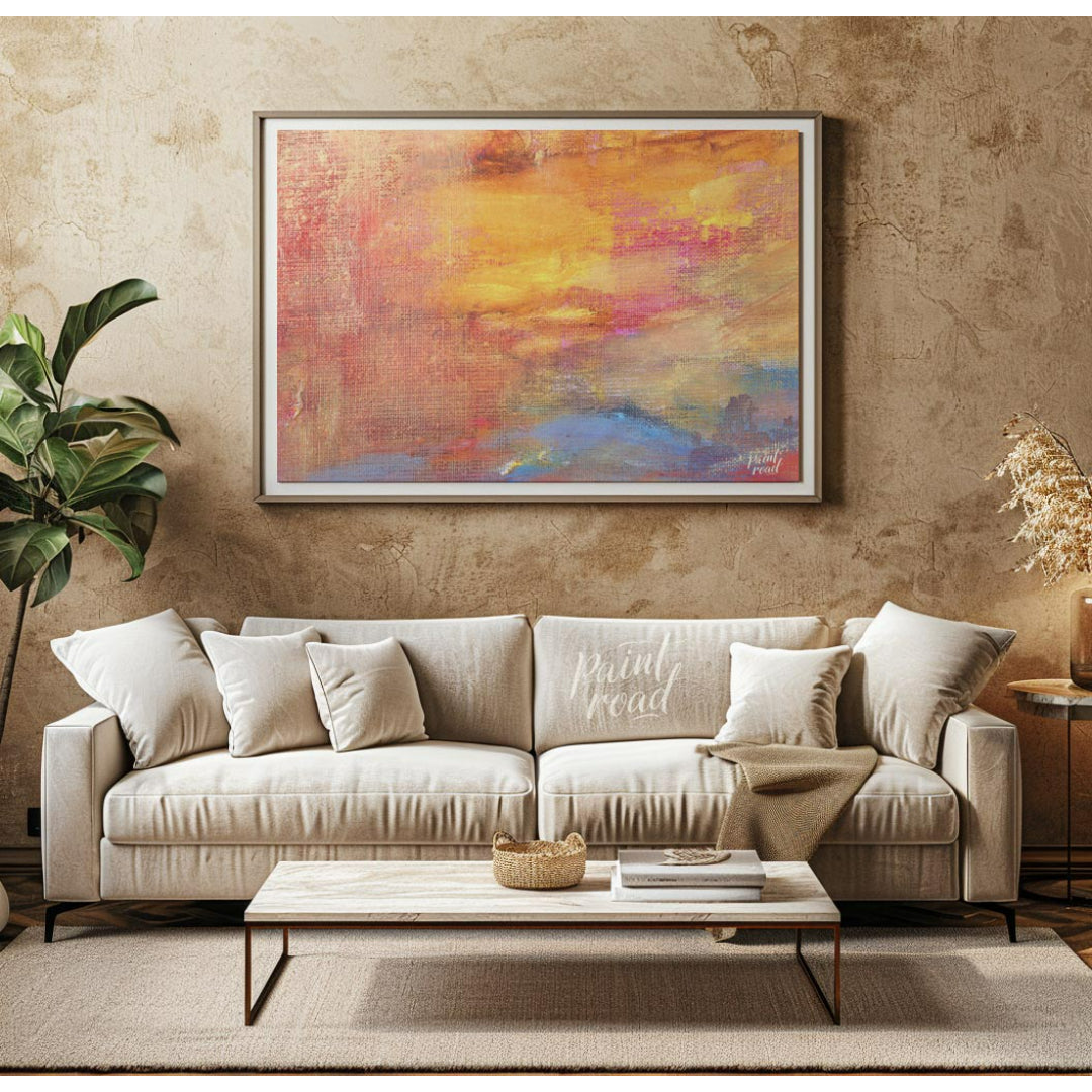 This close-up abstract painting captures the warm, ethereal glow of a sunset with a rich, textured … for living room