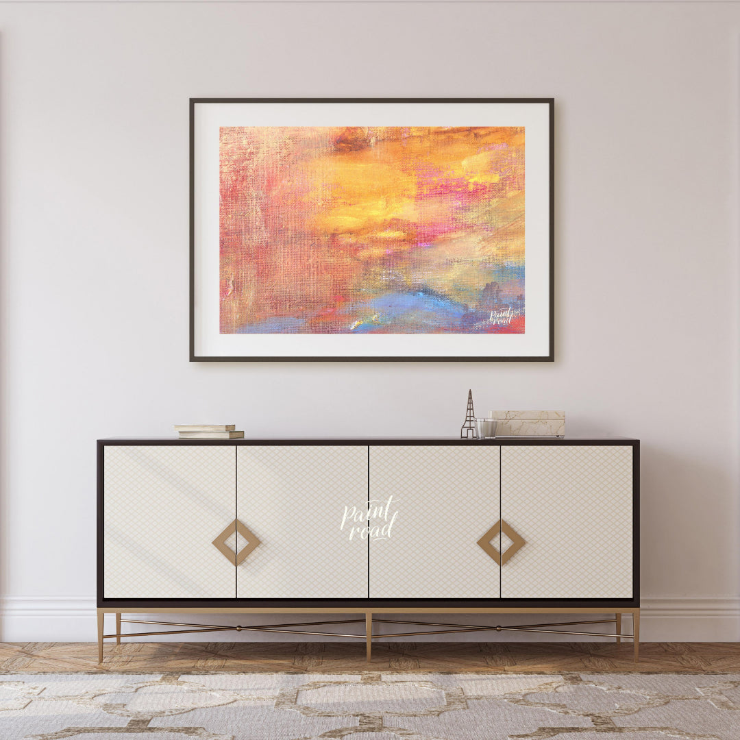 This close-up abstract painting captures the warm, ethereal glow of a sunset with a rich, textured … for living room