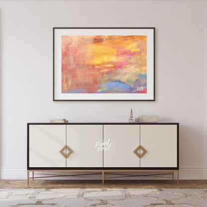 This close-up abstract painting captures the warm, ethereal glow of a sunset with a rich, textured … for living room