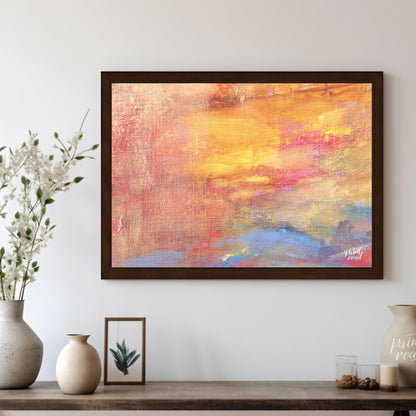 This close-up abstract painting captures the warm, ethereal glow of a sunset with a rich, textured … for living room