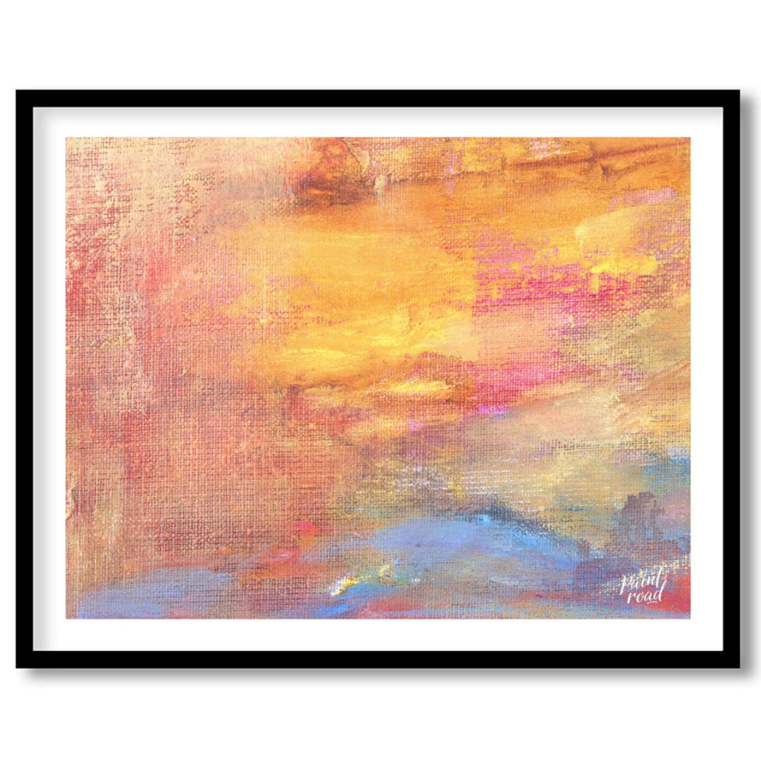 This close-up abstract painting captures the warm, ethereal glow of a sunset with a rich, textured … for space