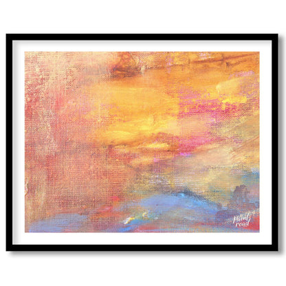 This close-up abstract painting captures the warm, ethereal glow of a sunset with a rich, textured … for space