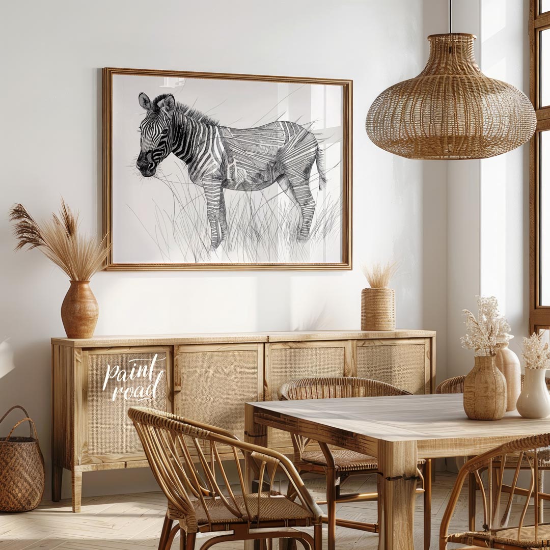 This striking black and white illustration portrays a zebra standing in a field of tall grass, comb… for dining room