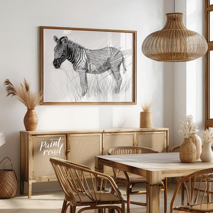 This striking black and white illustration portrays a zebra standing in a field of tall grass, comb… for dining room