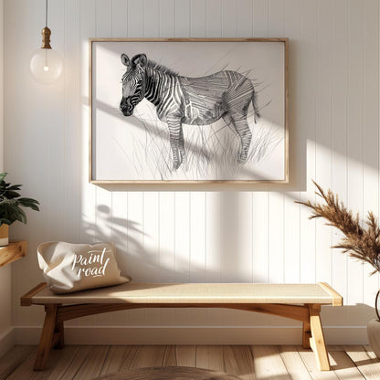 This striking black and white illustration portrays a zebra standing in a field of tall grass, comb… for entryway