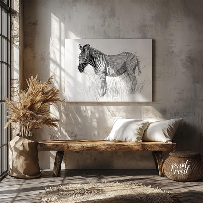 This striking black and white illustration portrays a zebra standing in a field of tall grass, comb… for entryway