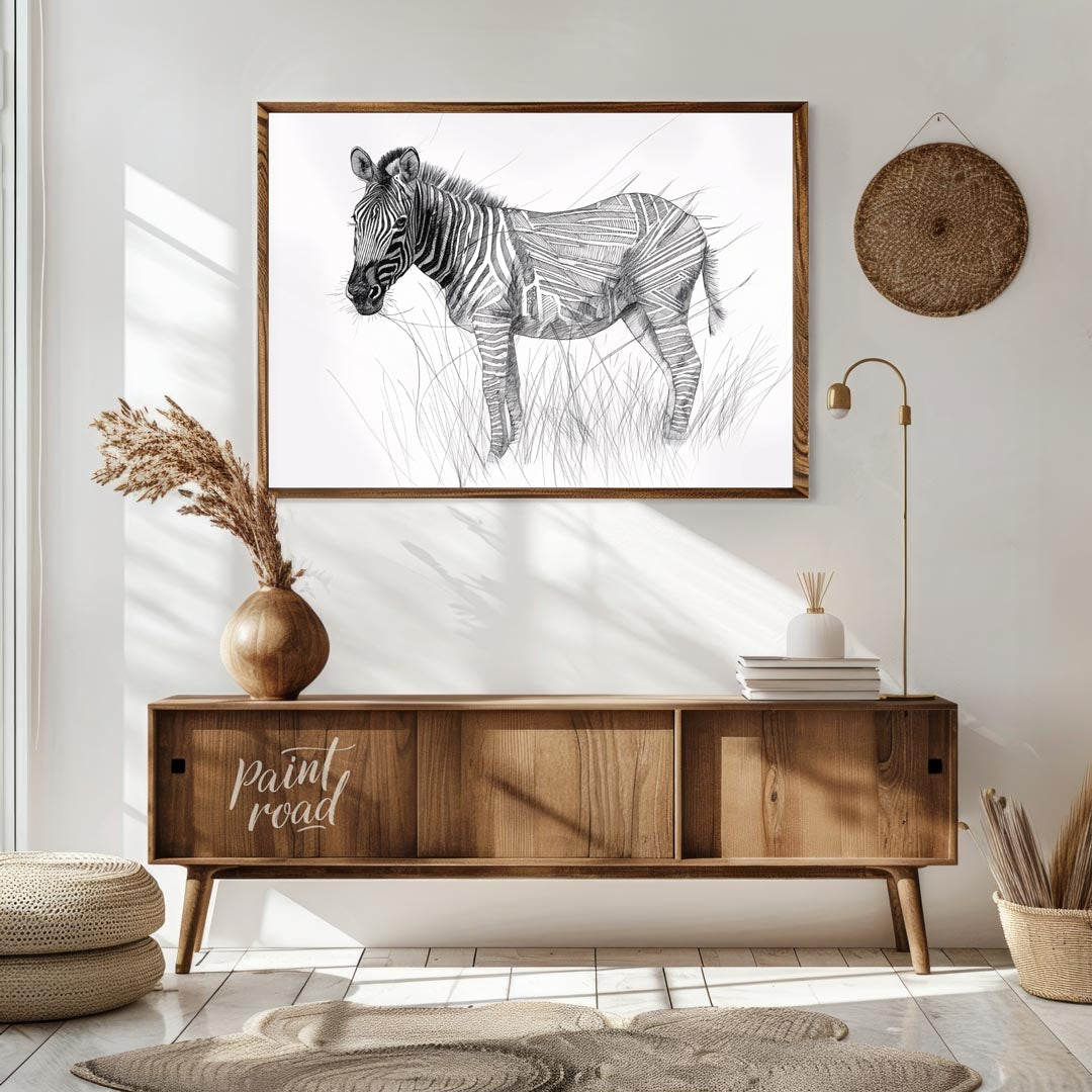 This striking black and white illustration portrays a zebra standing in a field of tall grass, comb… for living room