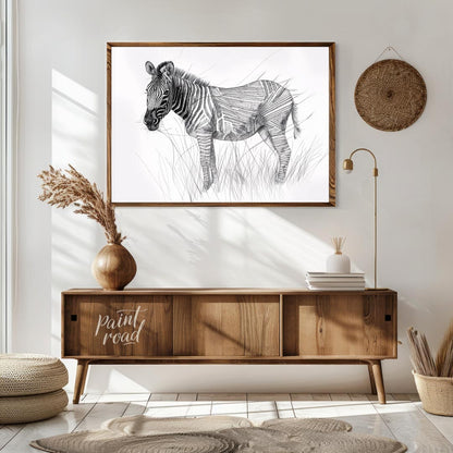 This striking black and white illustration portrays a zebra standing in a field of tall grass, comb… for living room