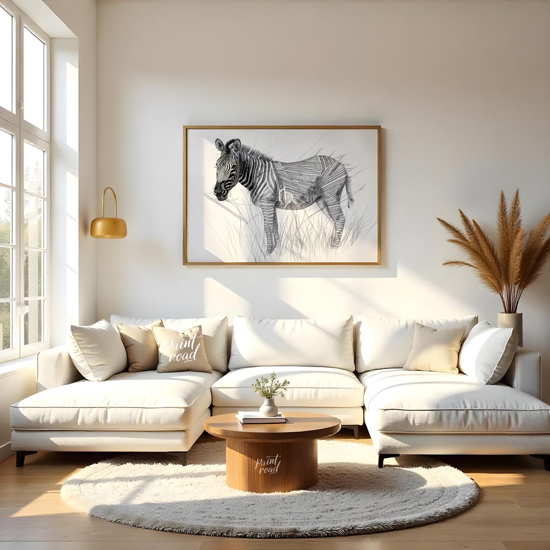 This striking black and white illustration portrays a zebra standing in a field of tall grass, comb… for living room