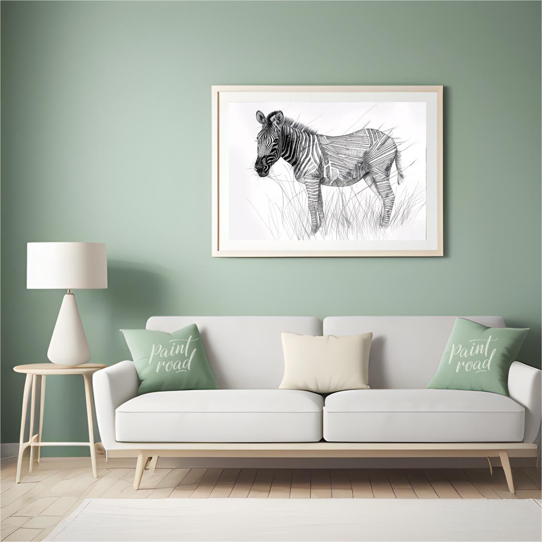 This striking black and white illustration portrays a zebra standing in a field of tall grass, comb… for living room