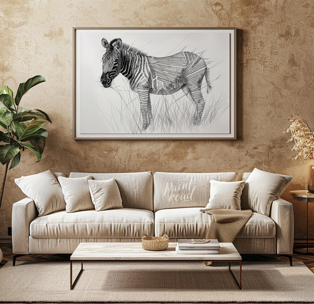 This striking black and white illustration portrays a zebra standing in a field of tall grass, comb… for living room