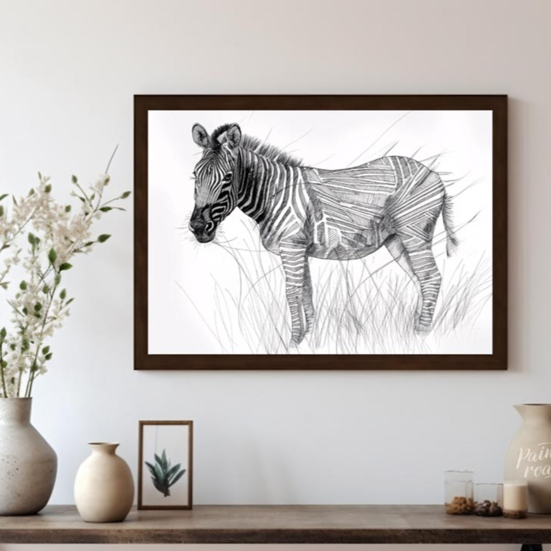 This striking black and white illustration portrays a zebra standing in a field of tall grass, comb… for living room