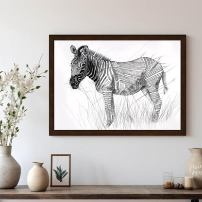 This striking black and white illustration portrays a zebra standing in a field of tall grass, comb… for living room