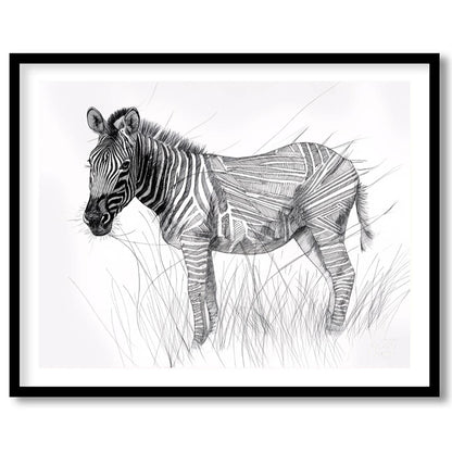 This striking black and white illustration portrays a zebra standing in a field of tall grass, comb… for lovely house