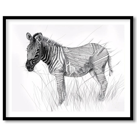 This striking black and white illustration portrays a zebra standing in a field of tall grass, comb… for lovely house