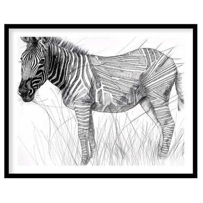 This striking black and white illustration portrays a zebra standing in a field of tall grass, comb… for lovely house