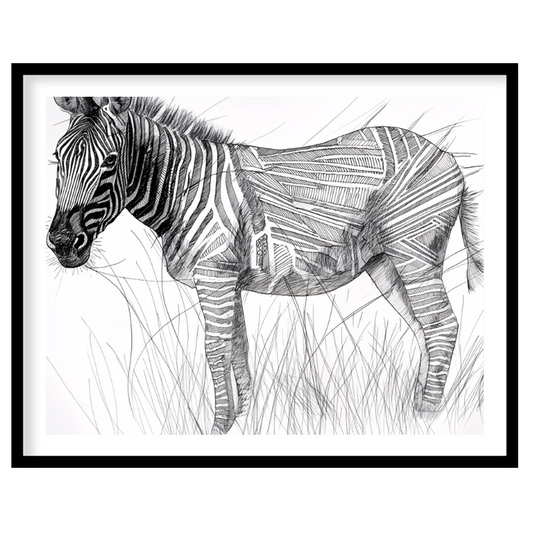 This striking black and white illustration portrays a zebra standing in a field of tall grass, comb… for lovely house