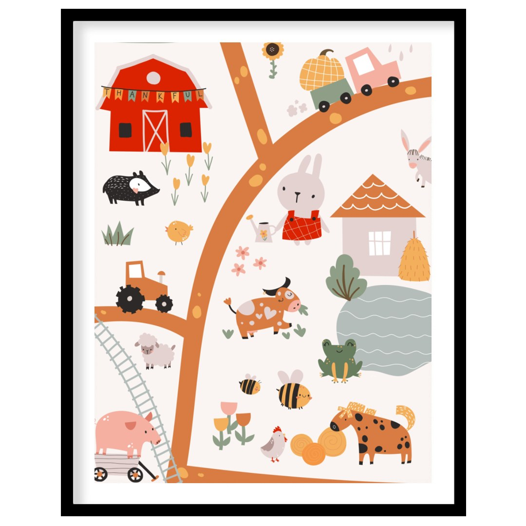 This vibrant watercolor illustration brings to life a joyful farmyard scene filled with charming an… for space