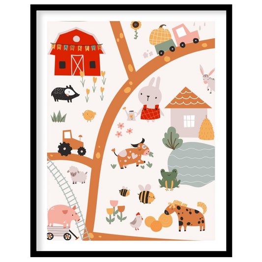 This vibrant watercolor illustration brings to life a joyful farmyard scene filled with charming an… for space