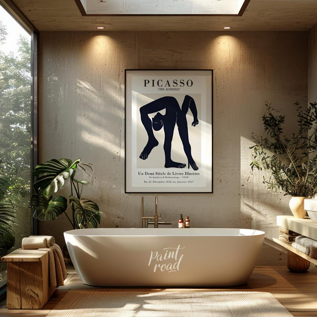 This elegant exhibition poster advertises “PICASSO THE ACROBAT / Un Demi Siècle de Livres Illustres… for bathroom