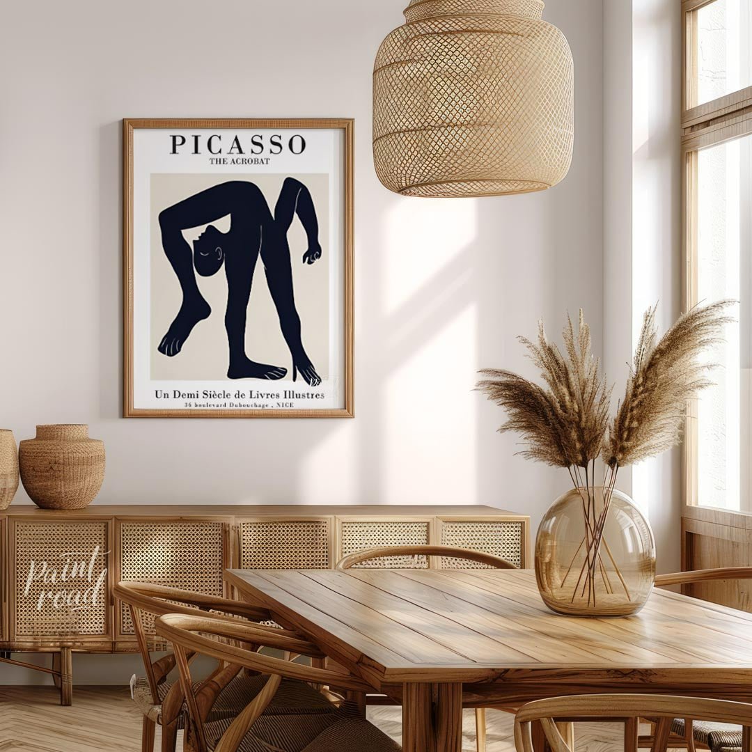 This elegant exhibition poster advertises “PICASSO THE ACROBAT / Un Demi Siècle de Livres Illustres… for dining room