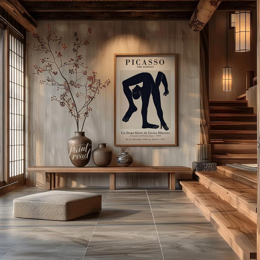 This elegant exhibition poster advertises “PICASSO THE ACROBAT / Un Demi Siècle de Livres Illustres… for entryway