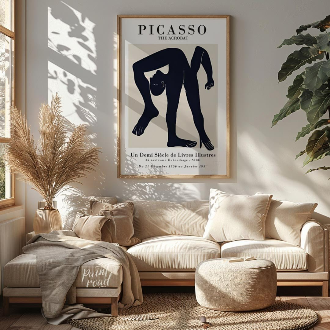 This elegant exhibition poster advertises “PICASSO THE ACROBAT / Un Demi Siècle de Livres Illustres… for living room